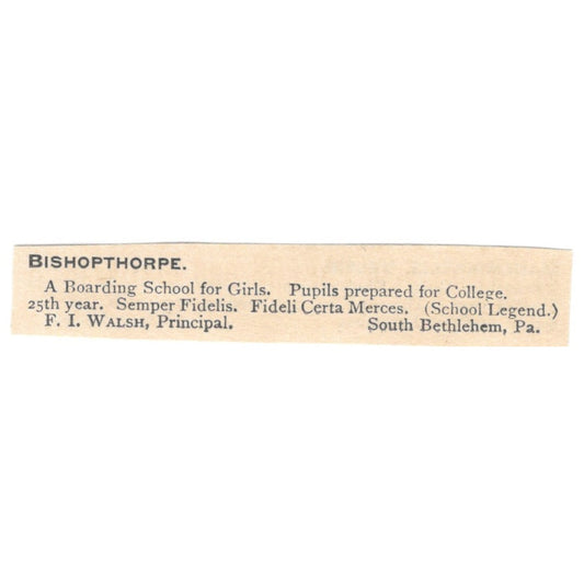 Bishopthorpe Boarding School for Girls F.I. Walsh South Bethlehem 1892 Ad AK6-S4