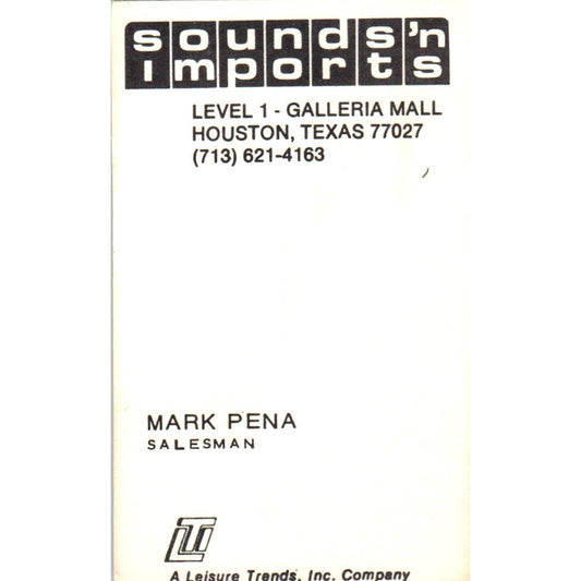 Mark Pena Sounds 'N Imports Houston TX Vintage Business Card SD8-B20