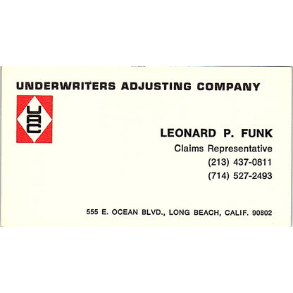 Leonard P Funk Underwriters Adjusting Long Beach Vintage Business Card SD9-B11