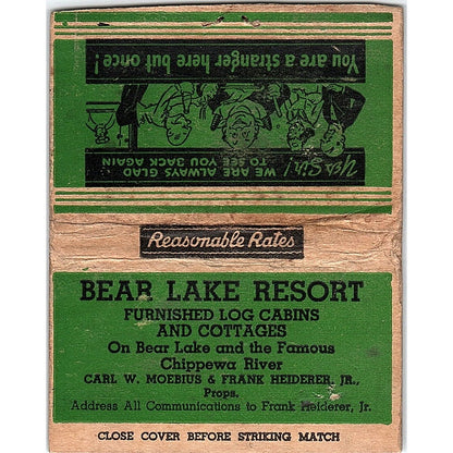 Bear Lake Resort Carl W. Moebius Frank Heiderer Vtg Large Matchbook Cover TH2-Y2