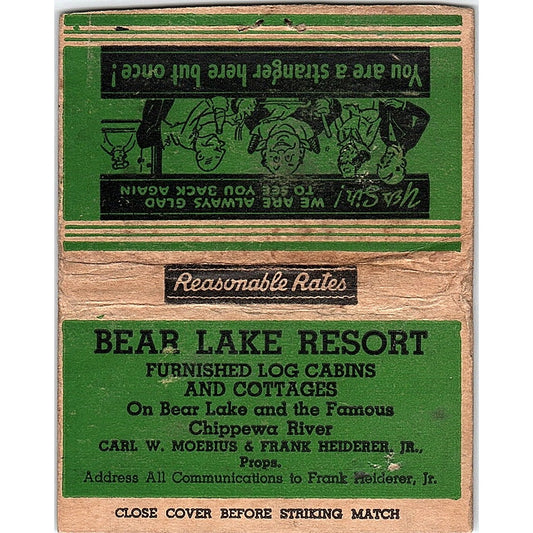 Bear Lake Resort Carl W. Moebius Frank Heiderer Vtg Large Matchbook Cover TH2-Y2