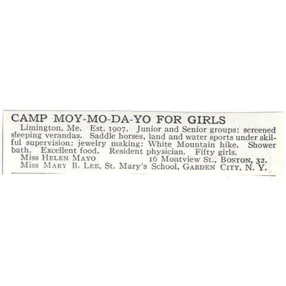 Camp Moy-Mo-Da-Yo Helen Mayo Mary B. Lee Garden City c1918 Advertisement AE5-SA6