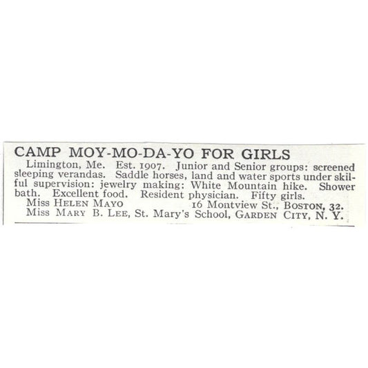 Camp Moy-Mo-Da-Yo Helen Mayo Mary B. Lee Garden City c1918 Advertisement AE5-SA6