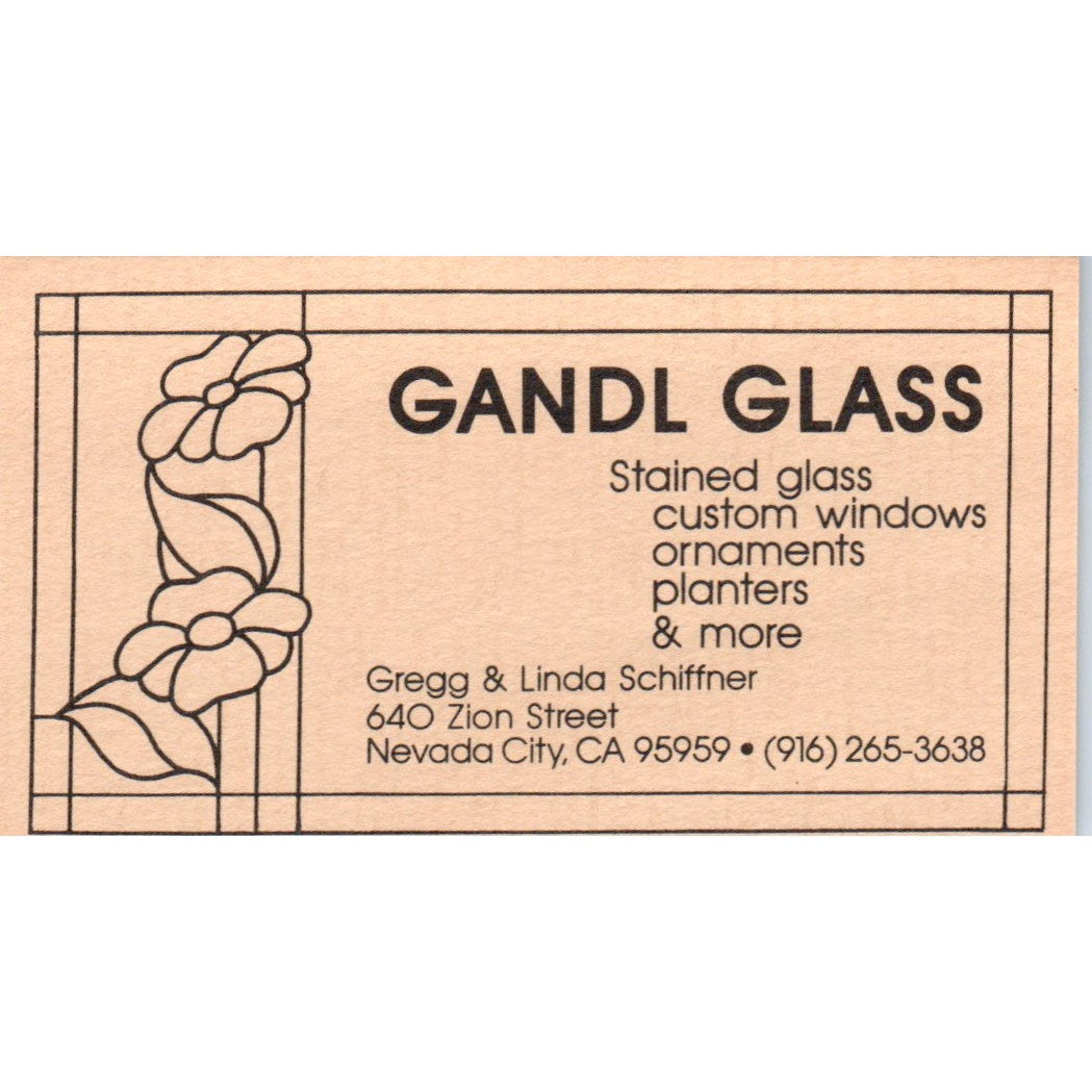 Gandl Glass Gregg & Linda Schiffner Nevada City CA Vintage Business Card SD8-B4