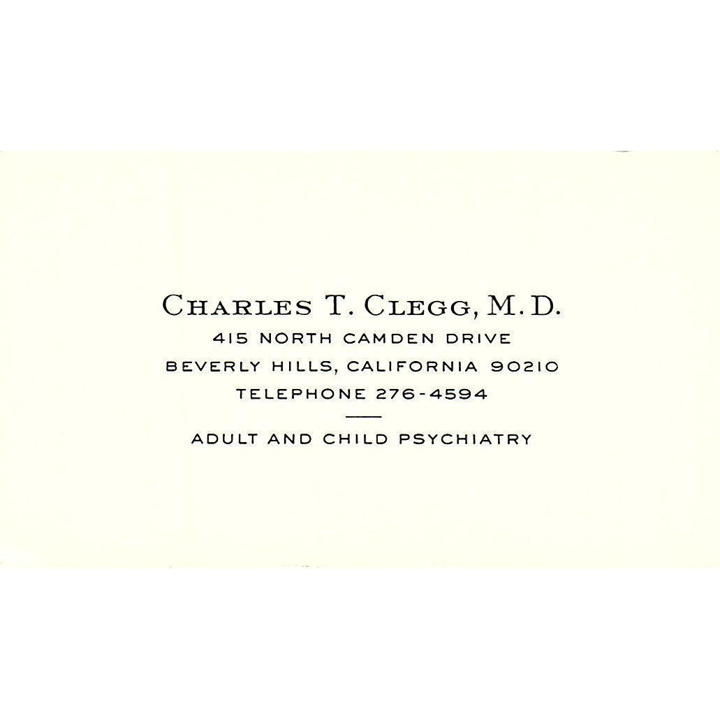 Adult & Child Psychiatry, Charles T. Clegg, Beverly Hills, CA Business Card SF3-B8