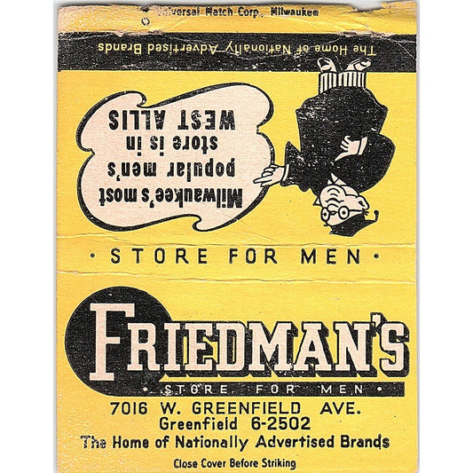Friedman's Store for Men Greenfield West Allis WI Large Matchbook Cover TH2-Y4