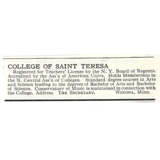 College of St. Teresa Winona MN c1918 Original Magazine Advertisement AE5-SA4