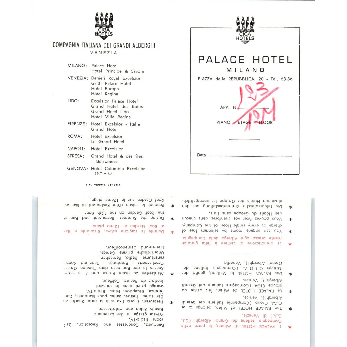 c1950 Palace Hotel Milano Italy Tourist Fold OUt Map AE2