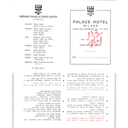 c1950 Palace Hotel Milano Italy Tourist Fold OUt Map AE2