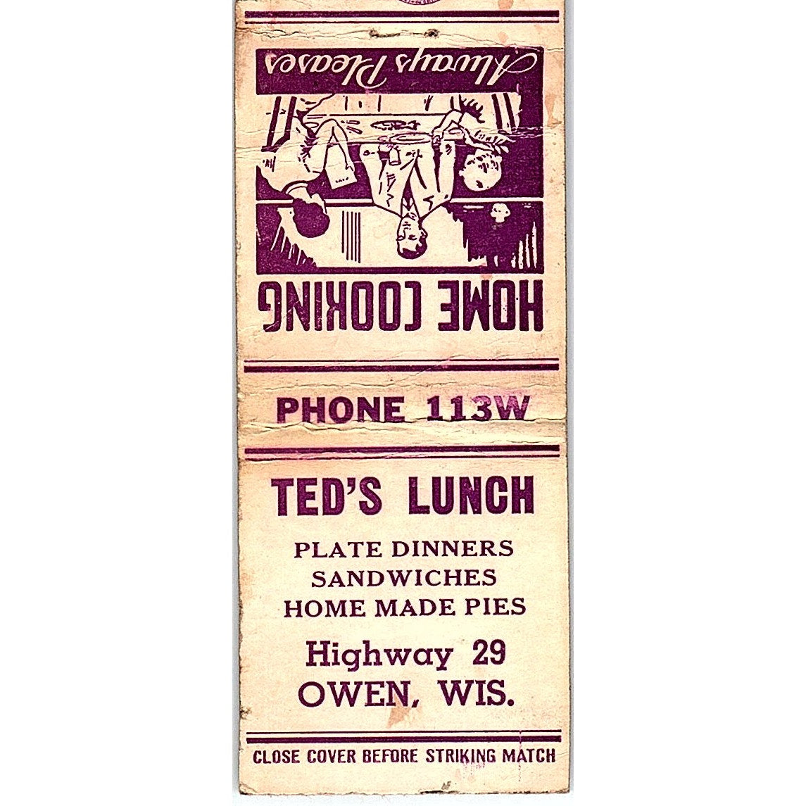 Ted's Lunch Owen Wisconsin Hwy 29 Vintage Matchbook Cover SE5-Y1