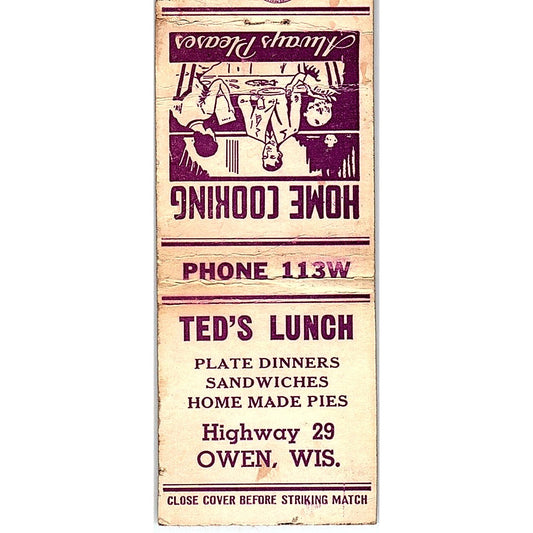 Ted's Lunch Owen Wisconsin Hwy 29 Vintage Matchbook Cover SE5-Y1