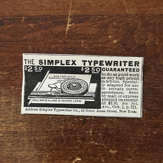 American Simplex Typewriter Co New York Original Advertisement AD8-P29