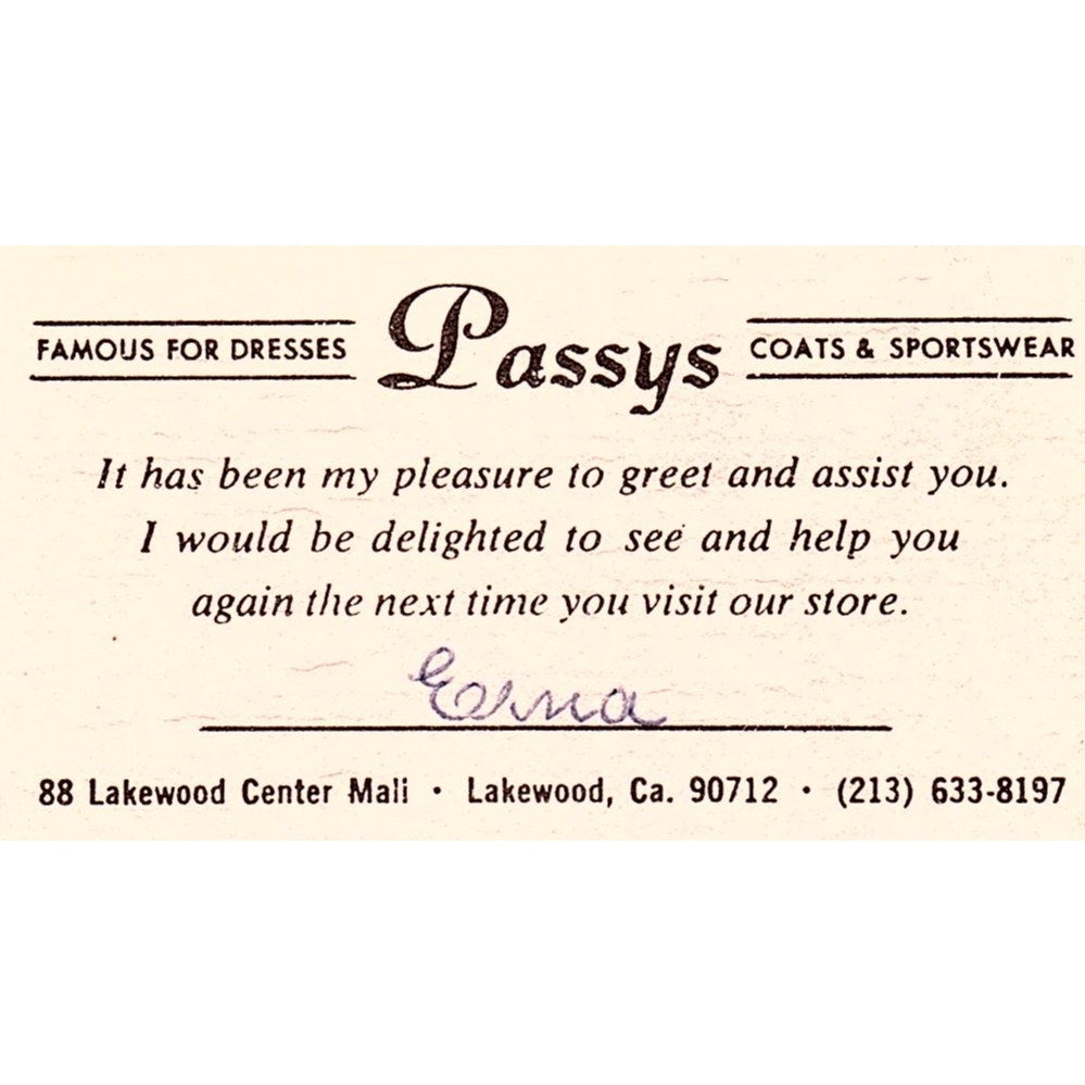 Passys Coats & Sportswear Lakewood CA Vintage Business Card SE5-B4