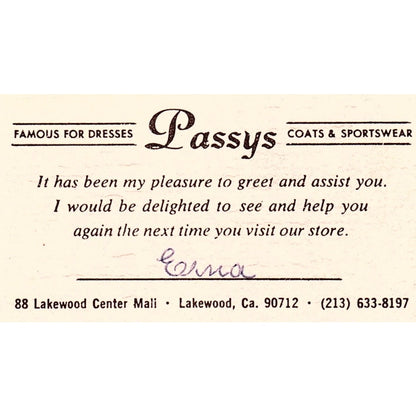 Passys Coats & Sportswear Lakewood CA Vintage Business Card SE5-B4