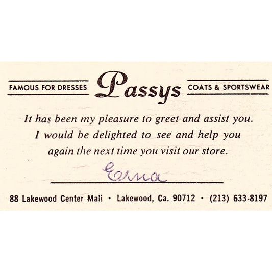 Passys Coats & Sportswear Lakewood CA Vintage Business Card SE5-B4