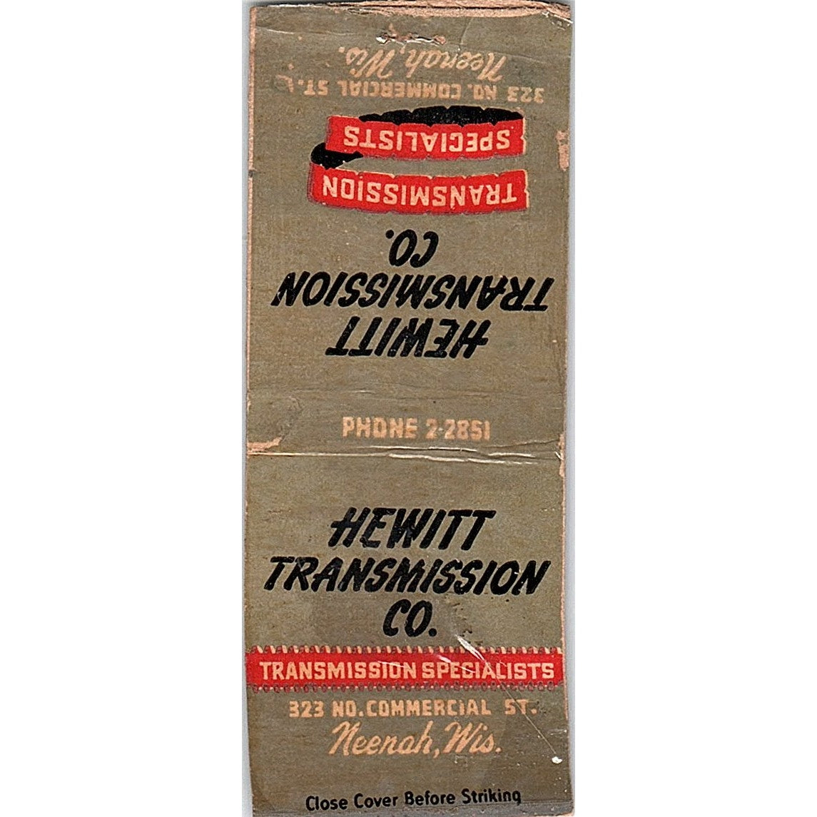 Hewitt Transmission Co Neenah WI Vintage Matchbook Cover SF3-Y9