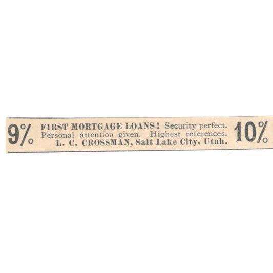 Mortgage Loans L.C. Crossman Salt Lake City Utah 1892 Magazine Ad AK6-S6