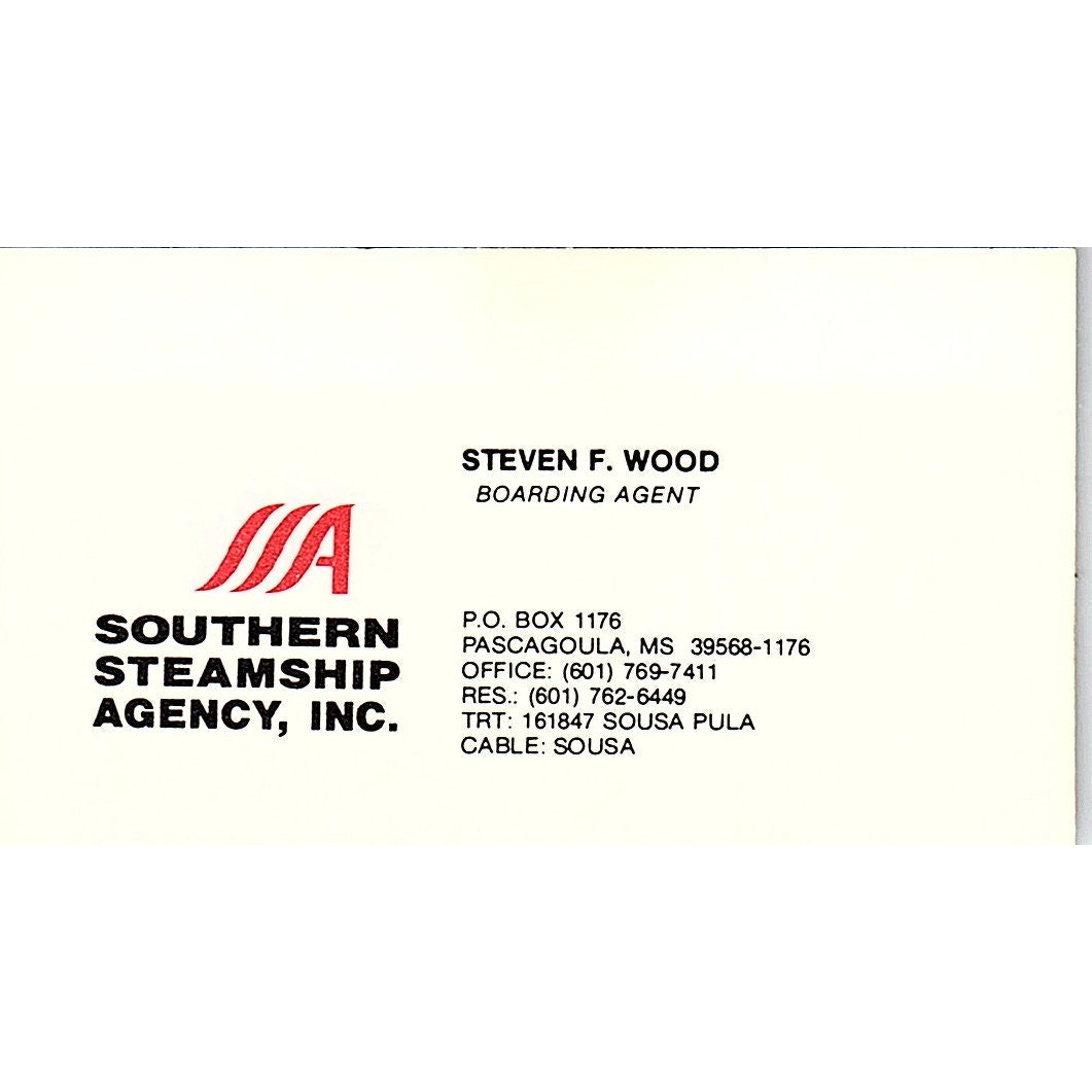 Steven F Wood Southern Steamship Agency Pascagoula MS Vtg Business Card SC9-B2
