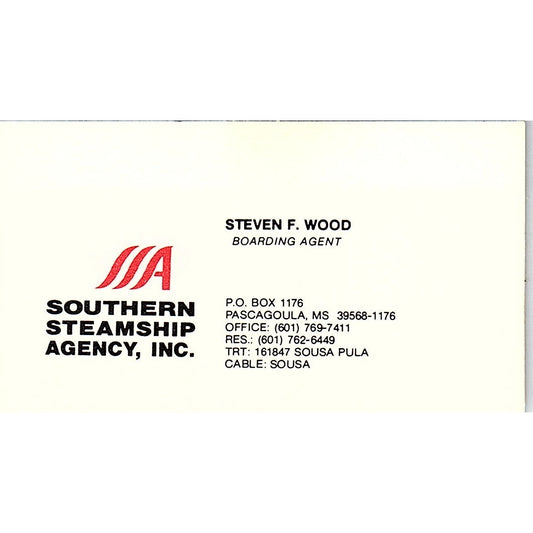 Steven F Wood Southern Steamship Agency Pascagoula MS Vtg Business Card SC9-B2