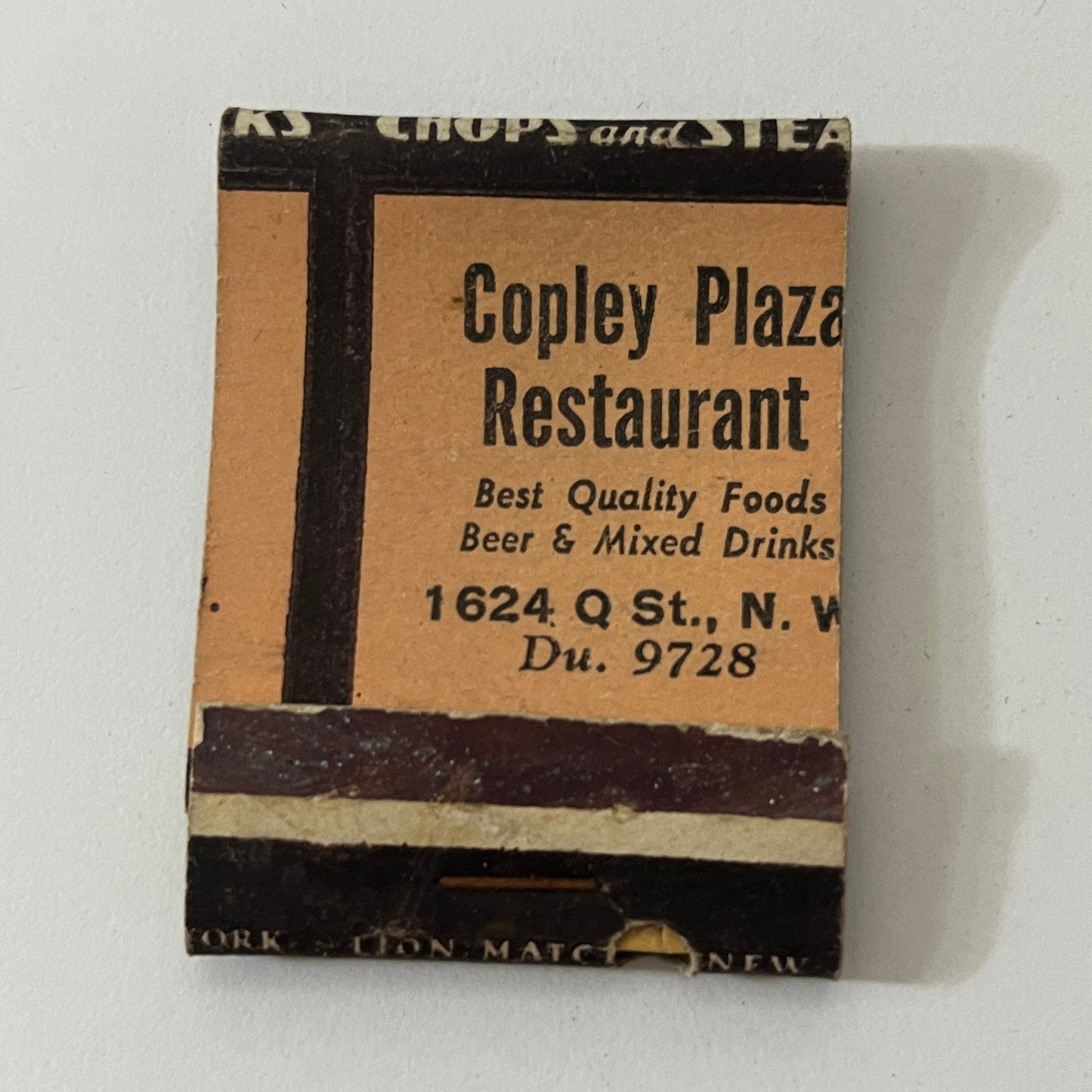 Copley Plaza Restaurant 1624 Q St N.W. Vintage Matchbook Cover TB6-MB1-1