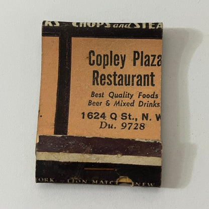 Copley Plaza Restaurant 1624 Q St N.W. Vintage Matchbook Cover TB6-MB1-1