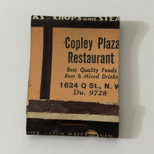 Copley Plaza Restaurant 1624 Q St N.W. Vintage Matchbook Cover TB6-MB1-1