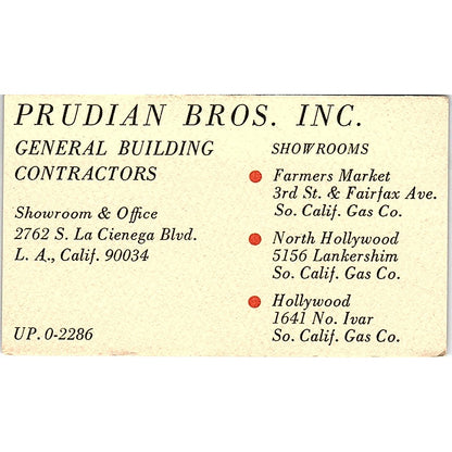 Prudian Bros Inc Contractors Los Angeles CA Vintage Business Card SD9-B4