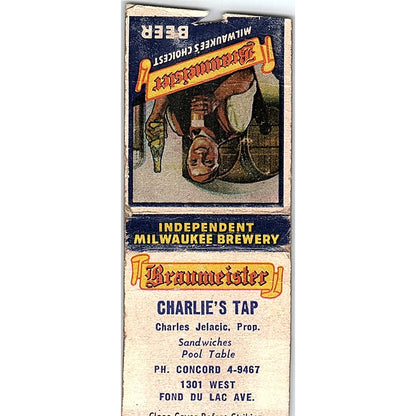 Charlie's Tap Charles Jelacic Fond Du Lac WI Vintage Matchbook Cover SC7-Y11