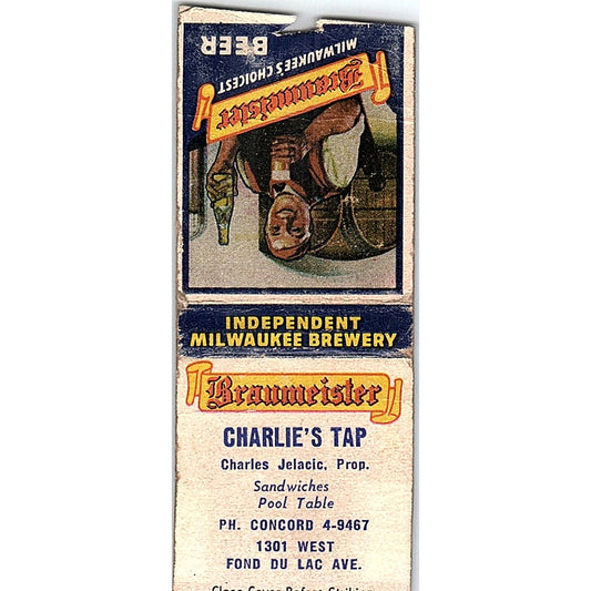 Charlie's Tap Charles Jelacic Fond Du Lac WI Vintage Matchbook Cover SC7-Y11