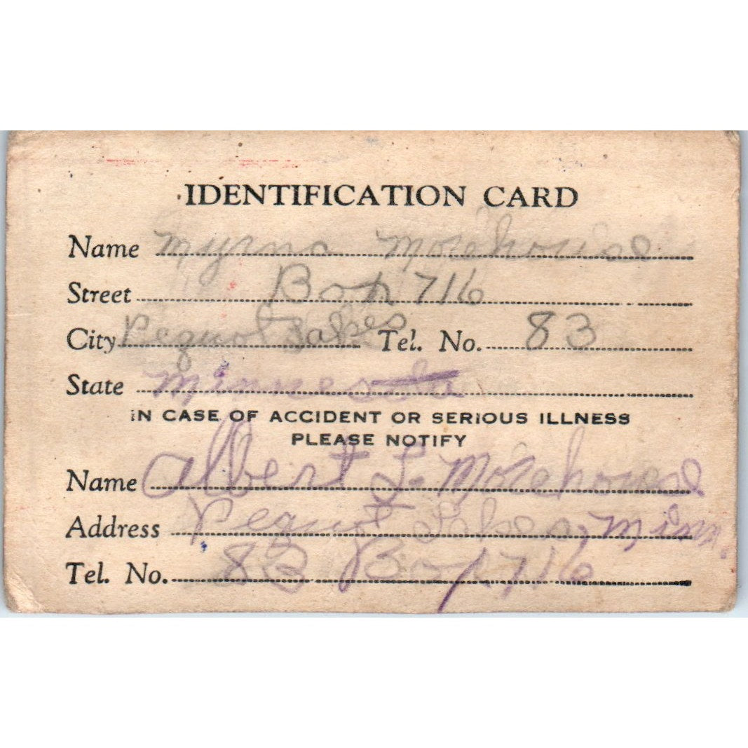 1950s Child Identification Card Pequot Lakes MN Albert, Myrna Morehouse TH9-SX1