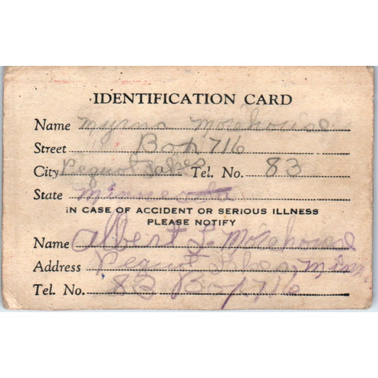 1950s Child Identification Card Pequot Lakes MN Albert, Myrna Morehouse TH9-SX1