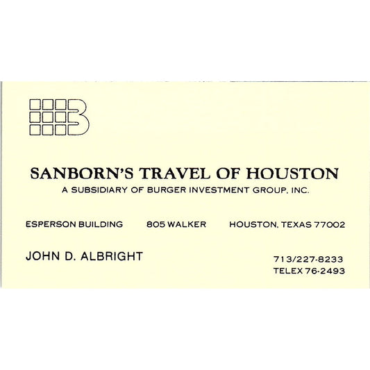 Sanborn's Travel of Houston J Albright Houston Tx Vintage Business Card SB4-B7