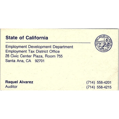 State of California Raquel Alvarez Santa Ana CA Vintage Business Card SF3-B3