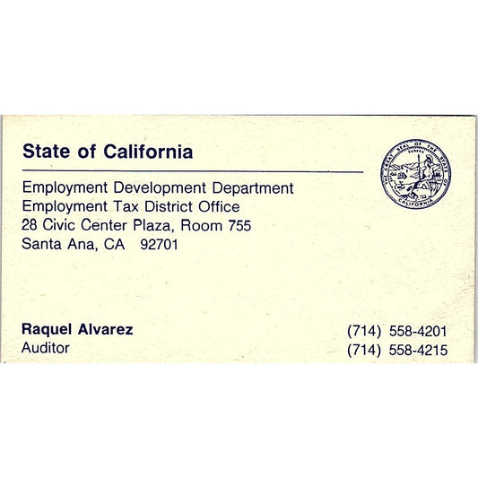 State of California Raquel Alvarez Santa Ana CA Vintage Business Card SF3-B3
