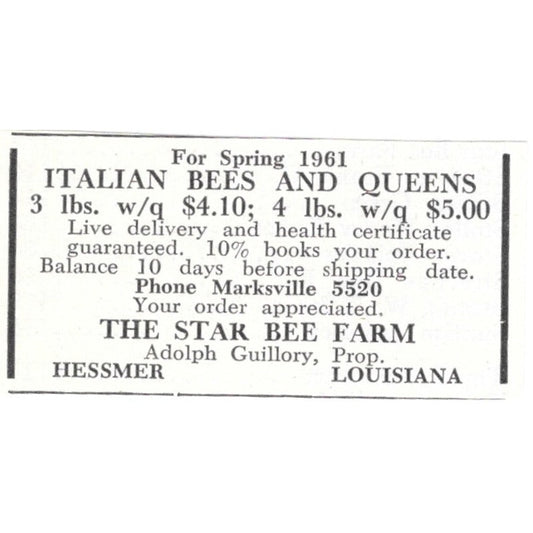 Italian Bees The Star Bee Farm Adolph Guillory Hessmer LA 1961 Ad AB6-S13