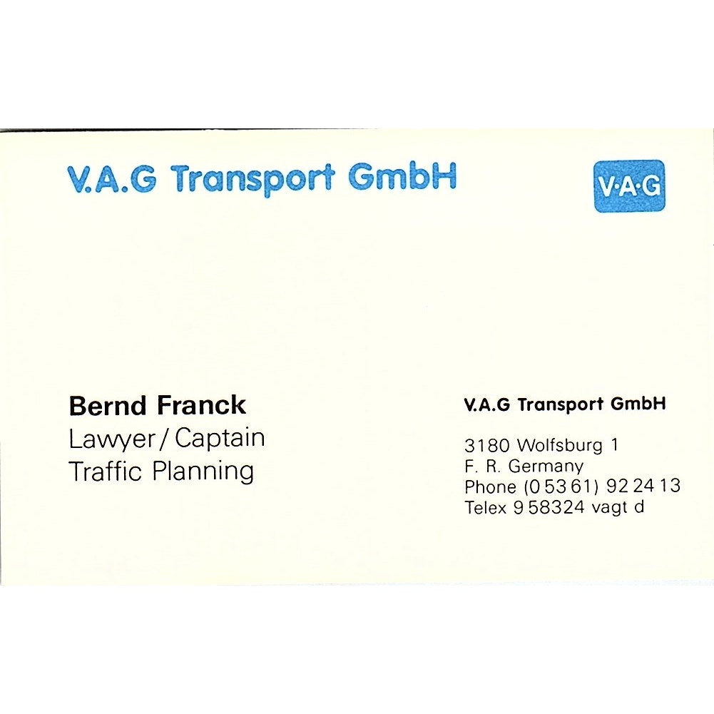 Bernd Franck V.A.G. Transport F.R. Germany Vintage Business Card SD9-B8