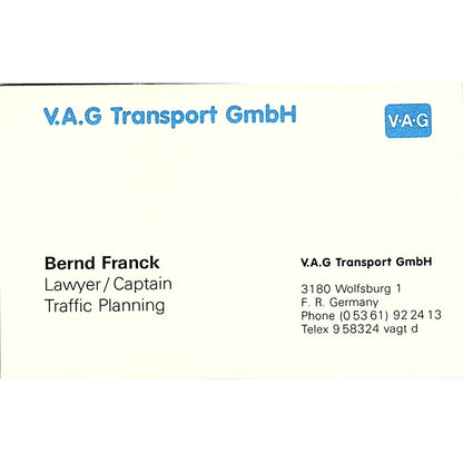 Bernd Franck V.A.G. Transport F.R. Germany Vintage Business Card SD9-B8