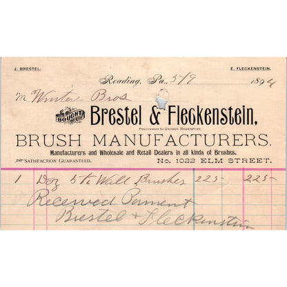 1894 Brestel & Fleckenstein Brushes Allentown PA Original Billhead Receipt AE7