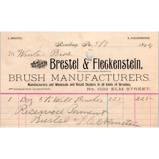 1894 Brestel & Fleckenstein Brushes Allentown PA Original Billhead Receipt AE7