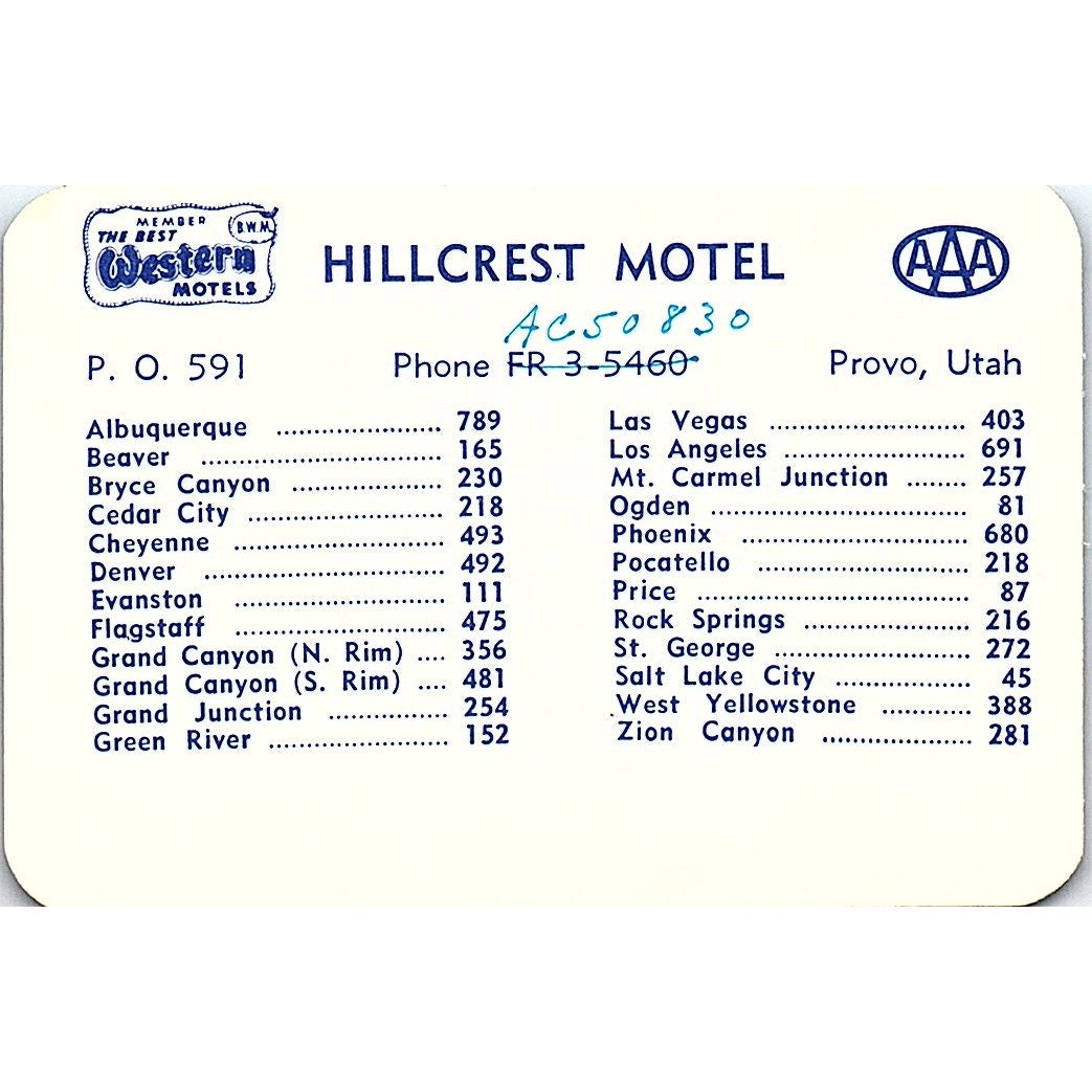 1950s Hillcrest Motel Business Card Provo Utah AF9-S5