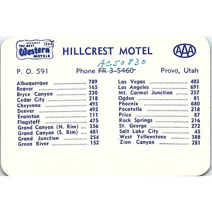 1950s Hillcrest Motel Business Card Provo Utah AF9-S5