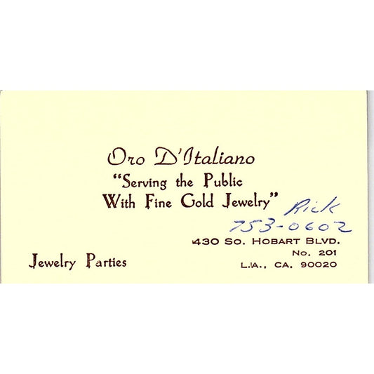 Oro D'italiano Serving the Public Los Angeles C.A  Vintage Business Card SF3-B9