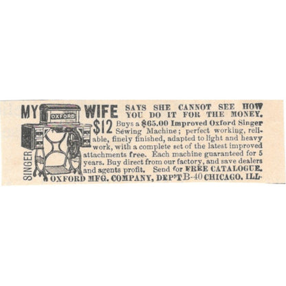 Oxford Mfg Co. Sewing Machines Chicago IL 1892 Magazine Ad AK6-S3