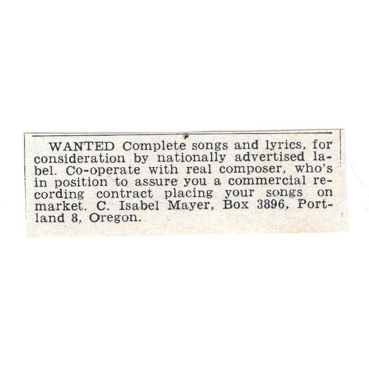 Song Lyrics Wanted - C. Isabel Mayer, Portland Oregon 1955 Ad AG1-S9