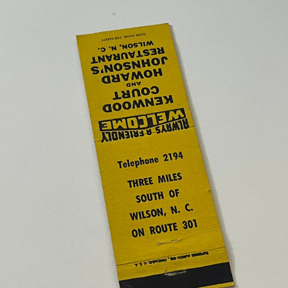 Kenwood Court & Howard Johnson's Restaurant Wilson NC Matchbook Cover TB6-MB2-6