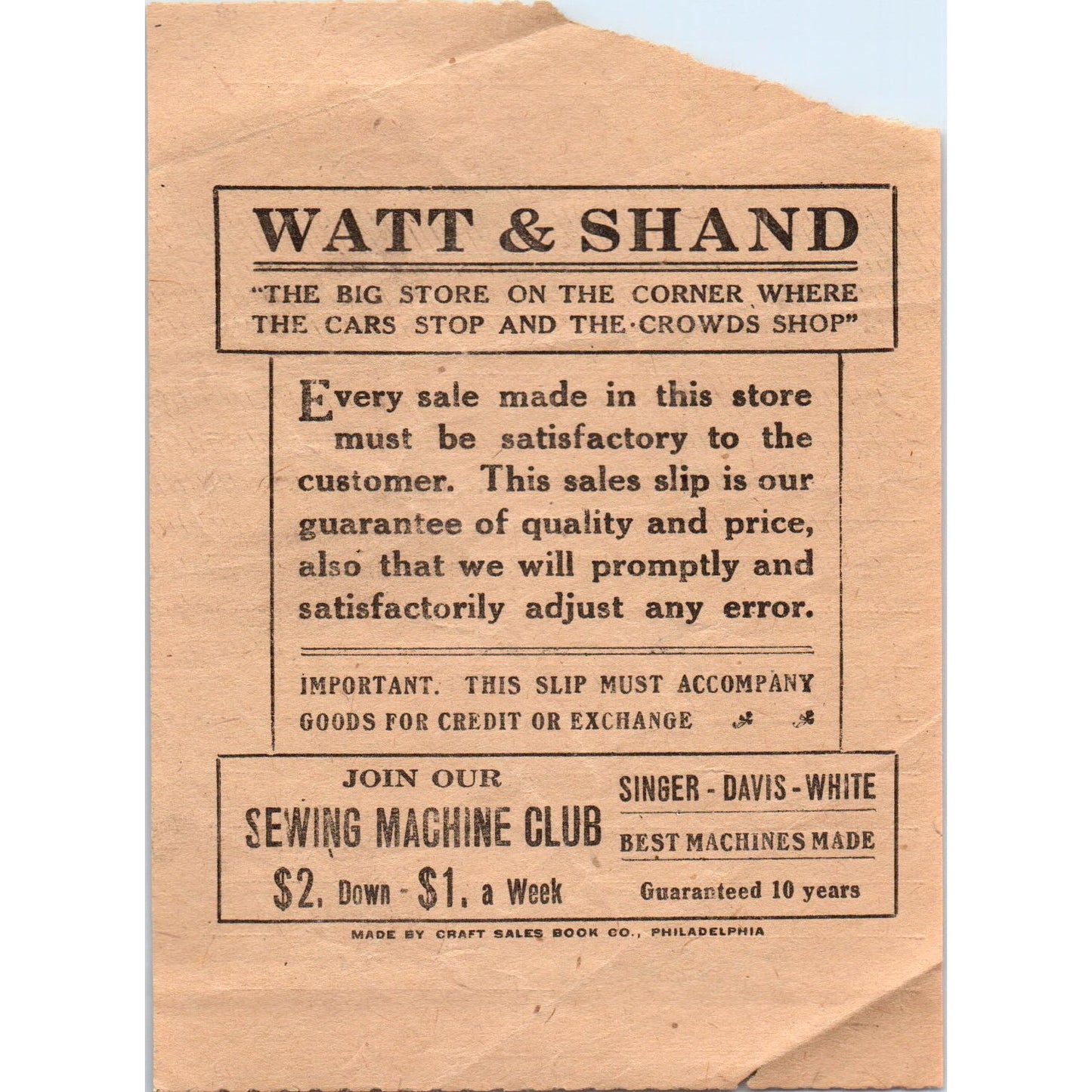 1920s Watt & Shand Department Store Lancaster PA Receipt D21