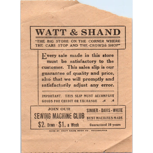 1920s Watt & Shand Department Store Lancaster PA Receipt D21