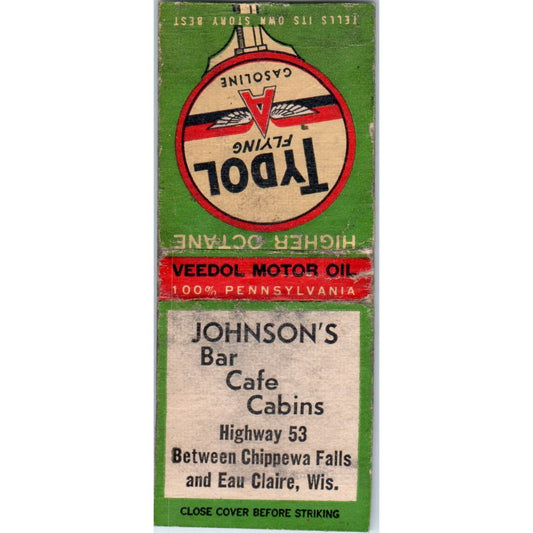Johnson's Bar Cafe Cabins Chippewa Falls Eau Claire Vtg Matchbook Cover SD4-Y11