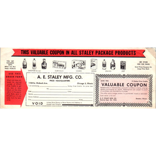 1955 A.E. Staley Mfg Co. Mail-In Prize Voucher Form Advertiseent AE2