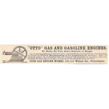 Otto Gas and Gasoline Engines Philadelphia 1892 Magazine Ad AK6-H1